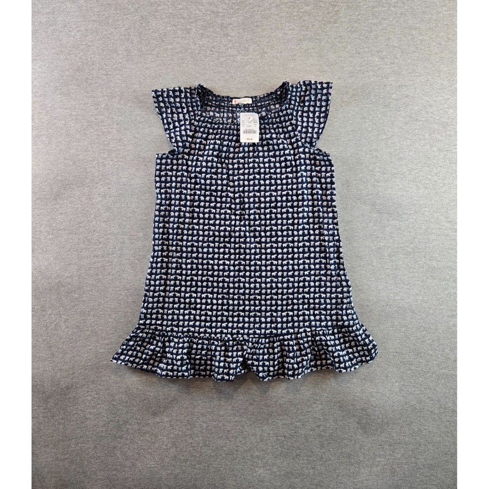 Crewcuts Dress Girls 5 Blue White Elephant AOP Cap Sleeves Ruffled‎ Hem NWT